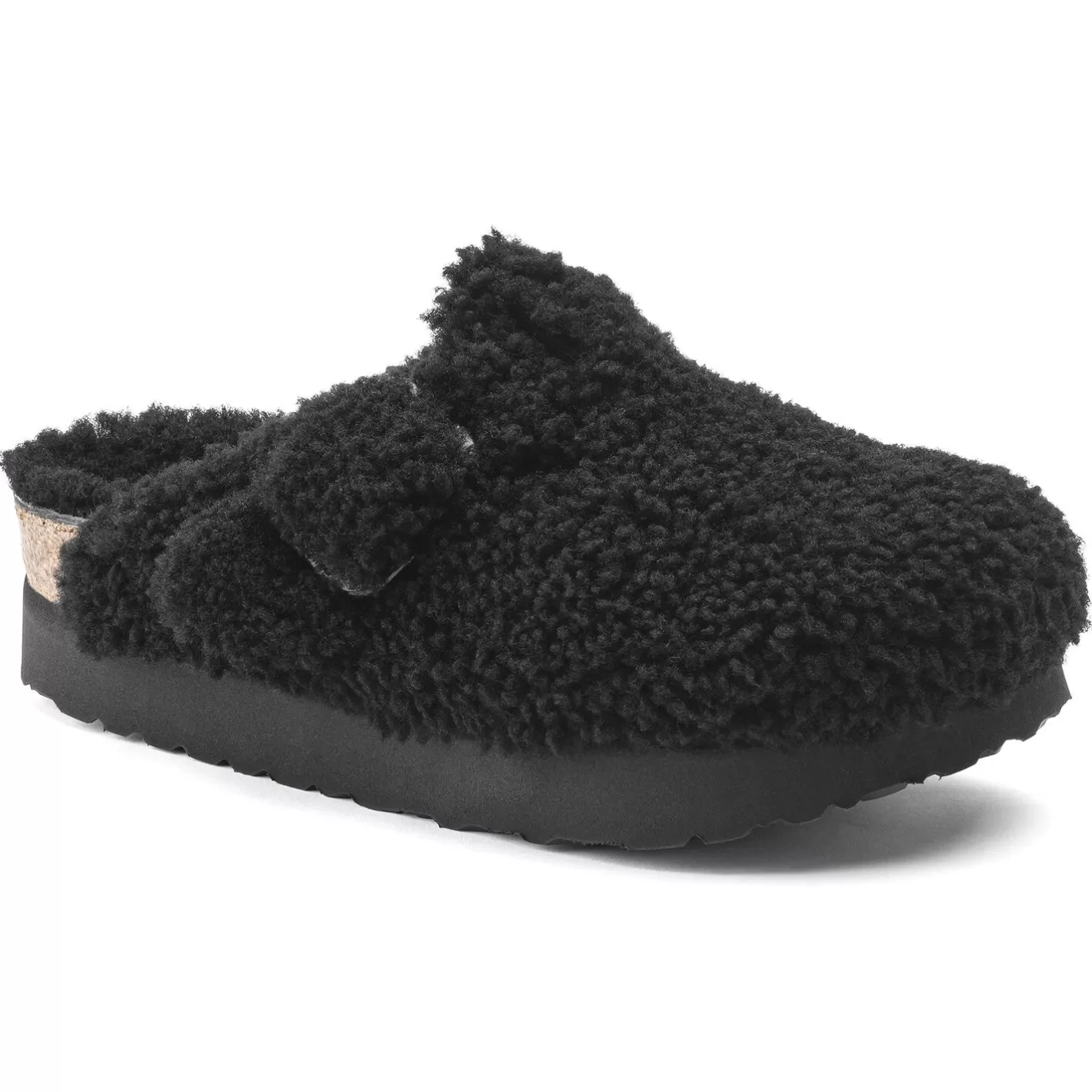 Clearance Birkenstock Boston Big Buckle Platform Teddy Black